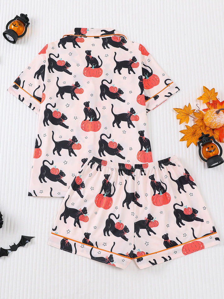 Black Cat & Pumpkin Print Pajama Set