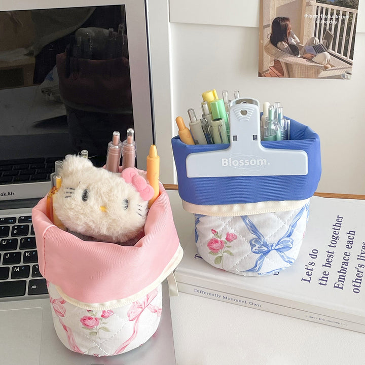 Quilted Bow Floral Fold Down Pencil Bag