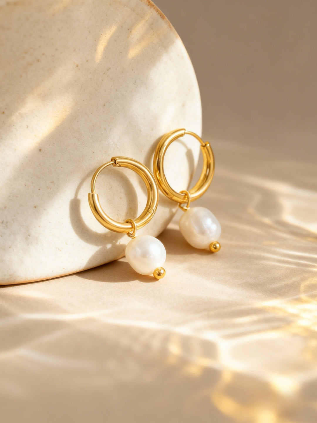 Gold Pearl Huggie Hoop Earrings