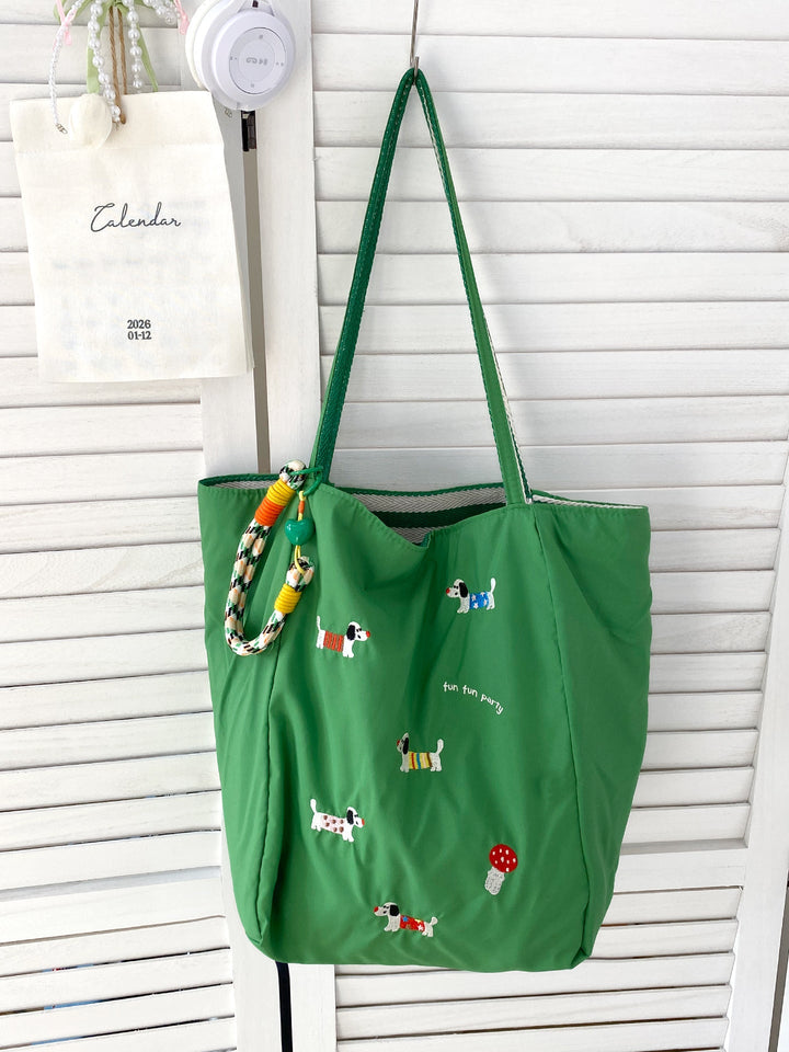 Reversible Playful Pup Striped Tote Bag