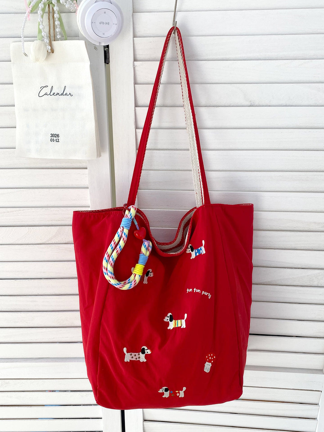 Reversible Playful Pup Striped Tote Bag
