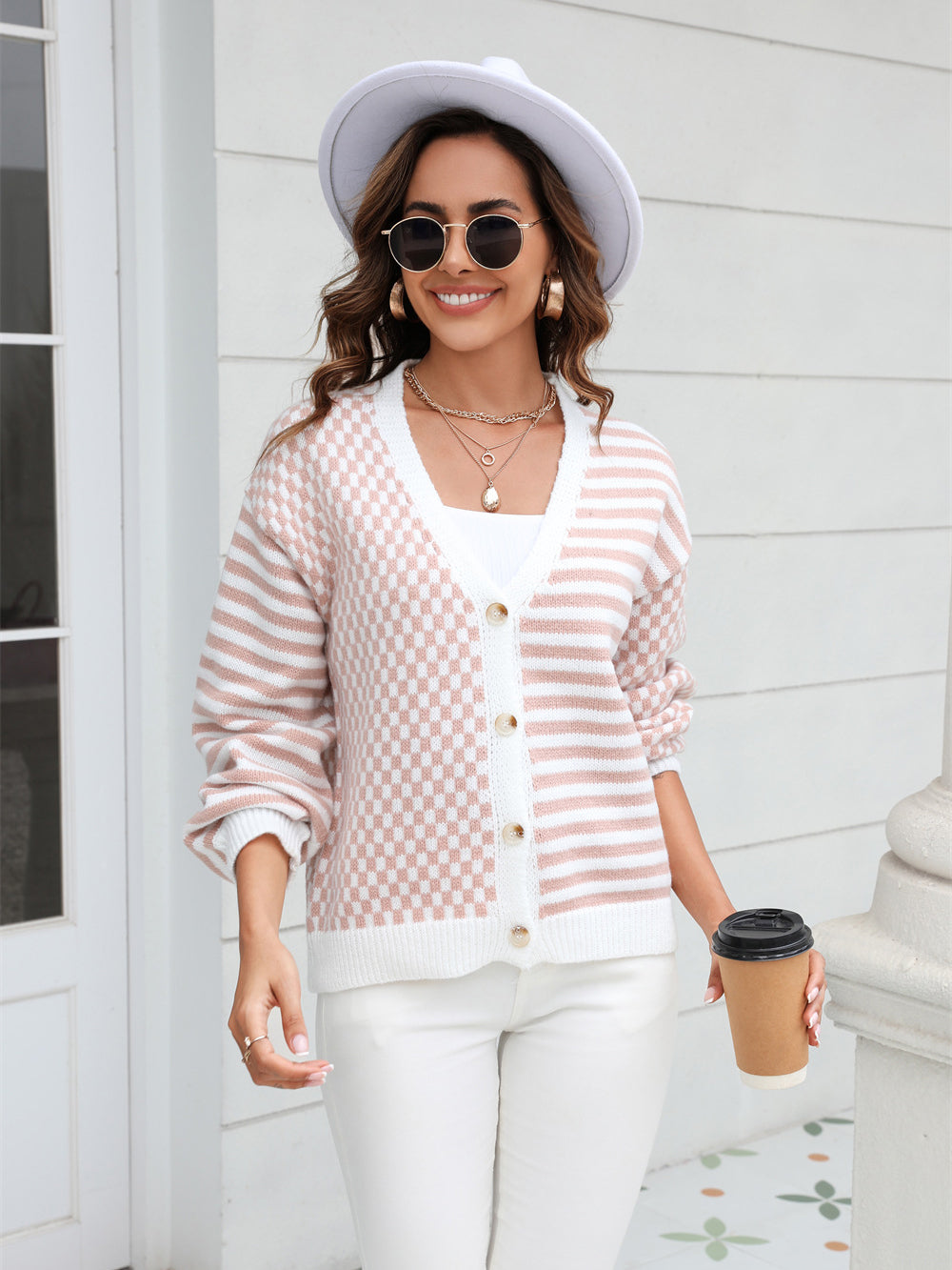 Mixed Pattern Button Front Cardigan