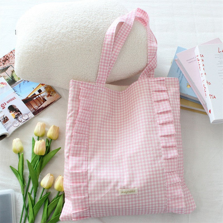 Ruffle Detail Gingham Print Tote Bag