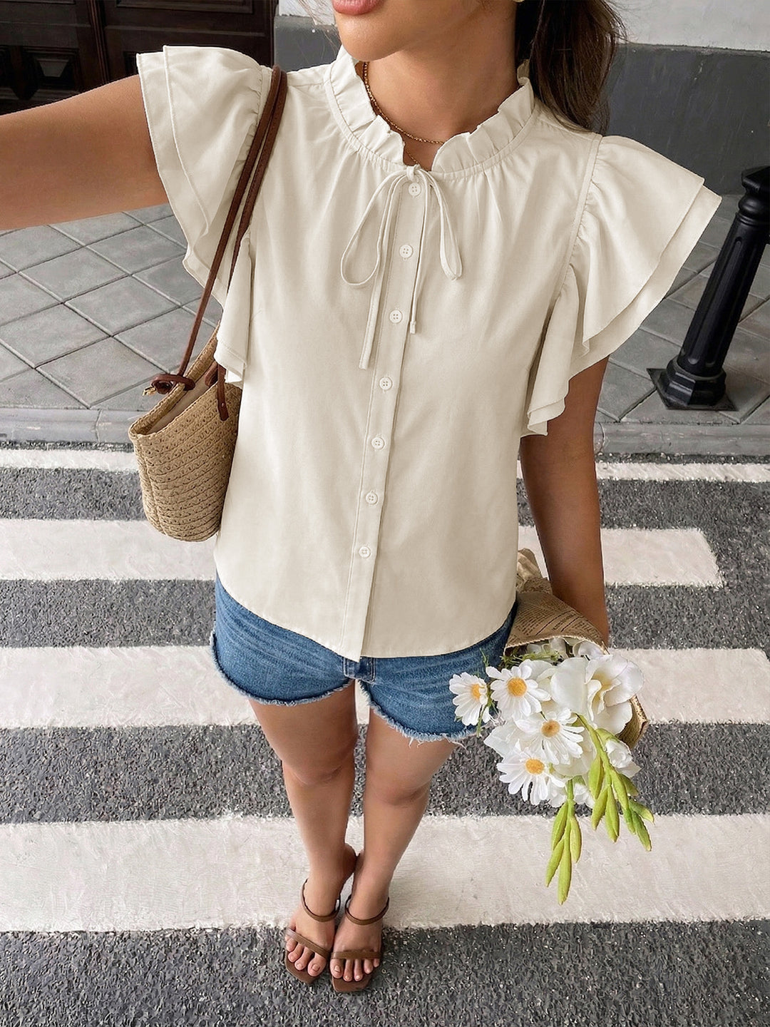 Cream Ruffle Sleeve Tie Neck Blouse