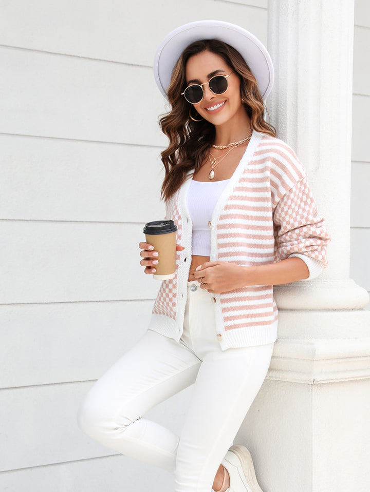 Mixed Pattern Button Front Cardigan