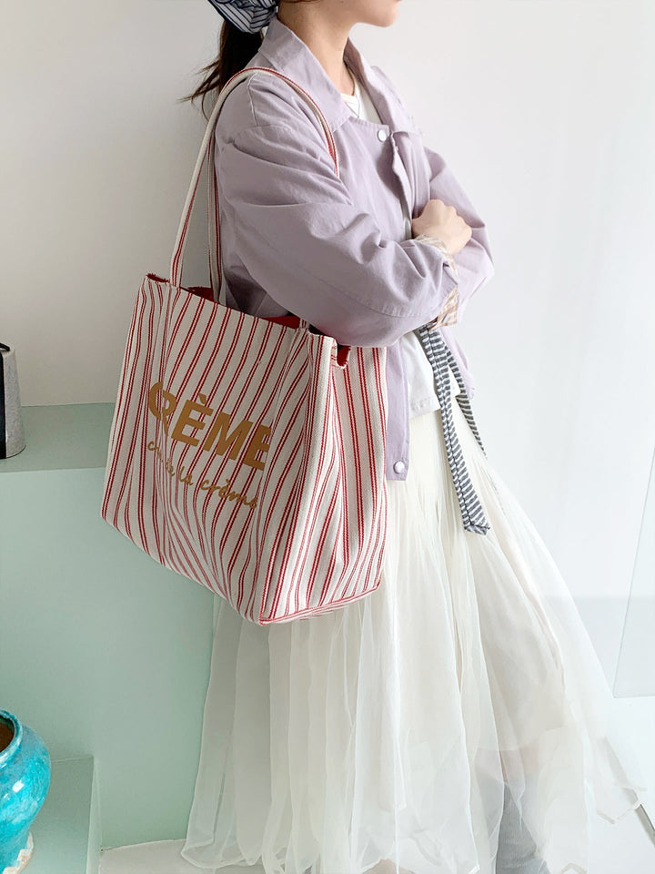 Crème Reversible Stripe Shoulder Tote Bag