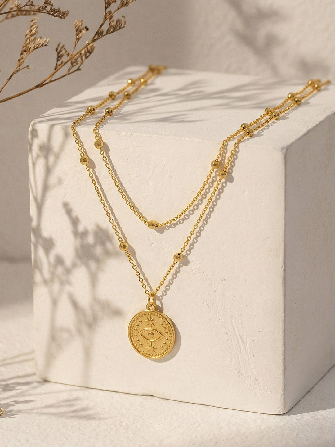 Evil Eye Coin Pendant Beaded Chain Necklace
