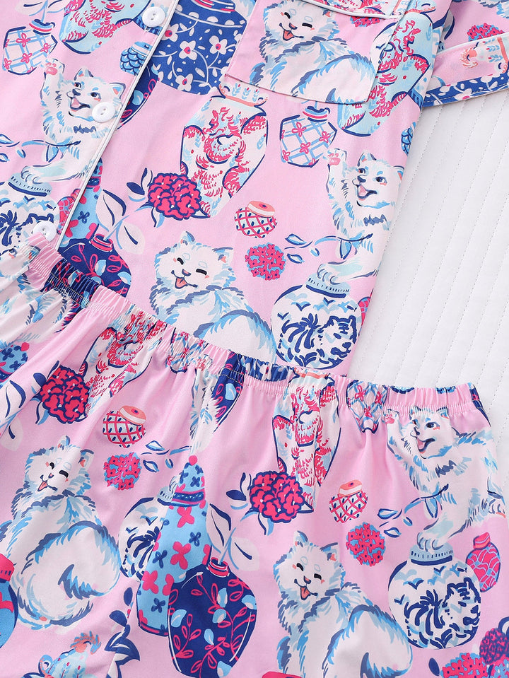 Pink Porcelain Cat Pajama Set