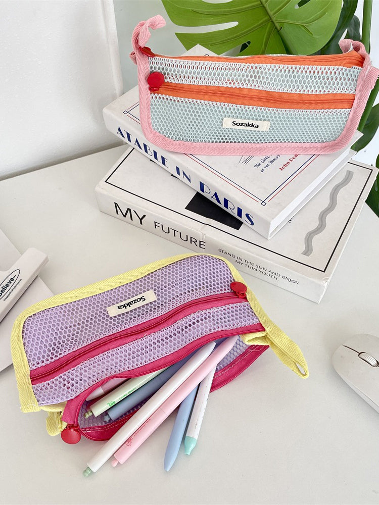 Pastel Mesh Double Zip Pencil Pouch