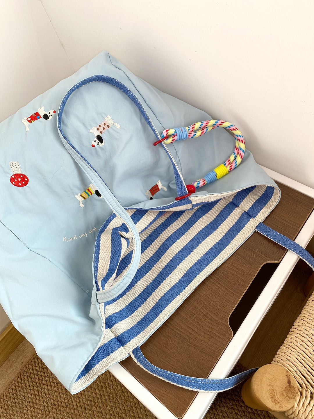 Reversible Playful Pup Striped Tote Bag