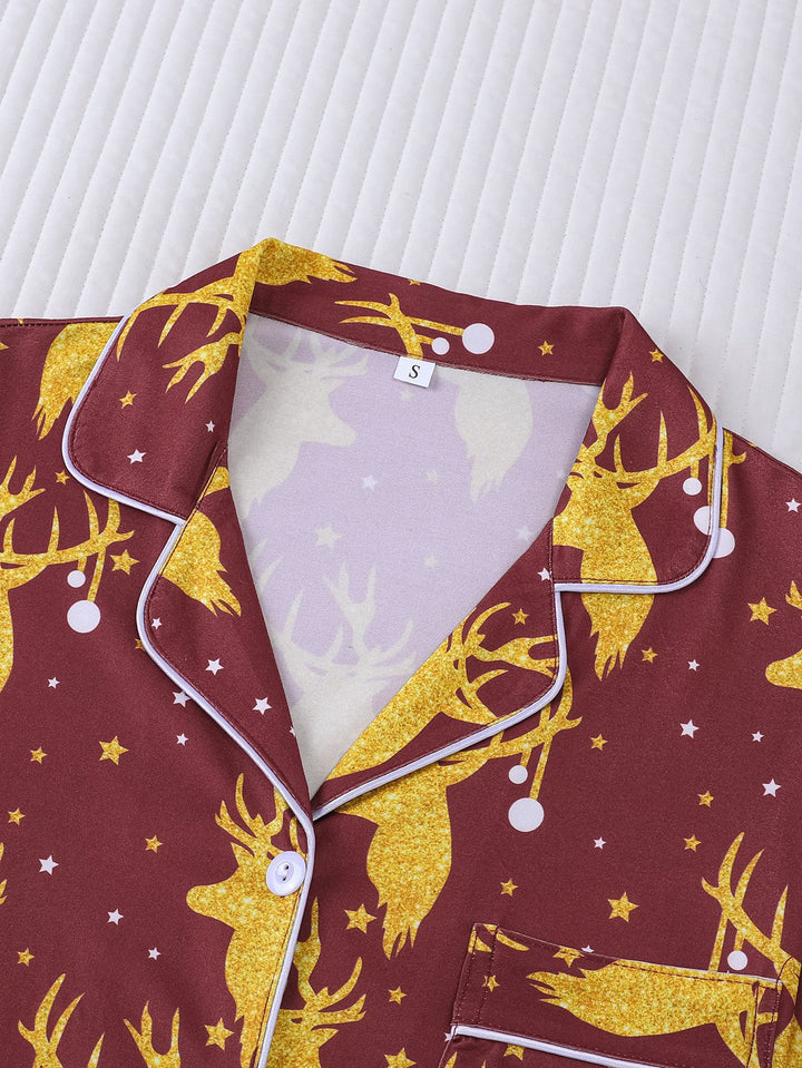 Golden Reindeer Long Sleeve Pajama Set