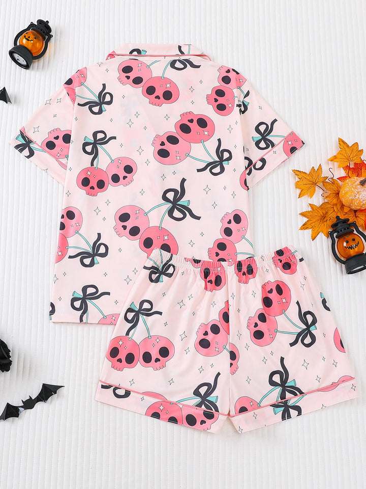 Pink Skull Cherry Print Pajama Set