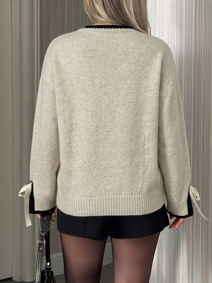 Bow Cuff Contrast Trim Sweater