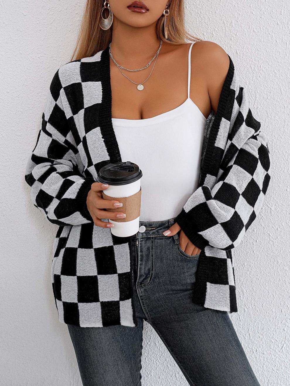 Checker Pattern Open Cardigan