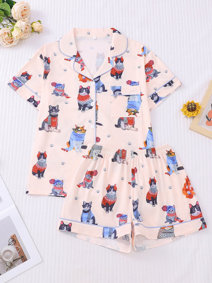 Cozy Cat Pattern Pajama Set