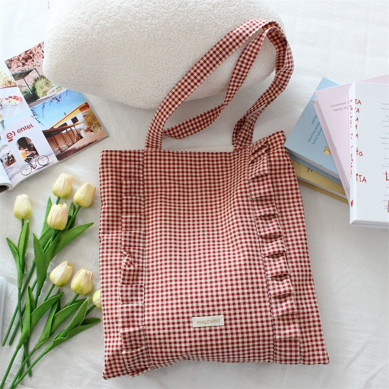 Ruffle Detail Gingham Print Tote Bag