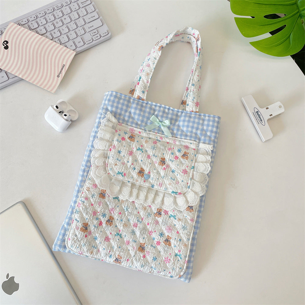 Character Print Lace Pocket Quilted Tote Bag