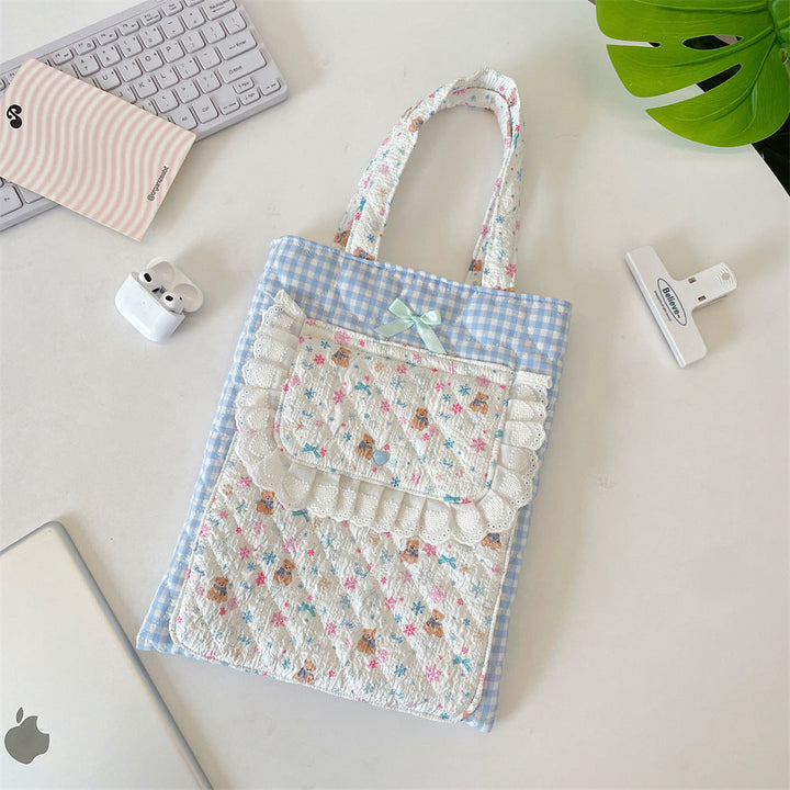 Character Print Lace Pocket Quilted Tote Bag
