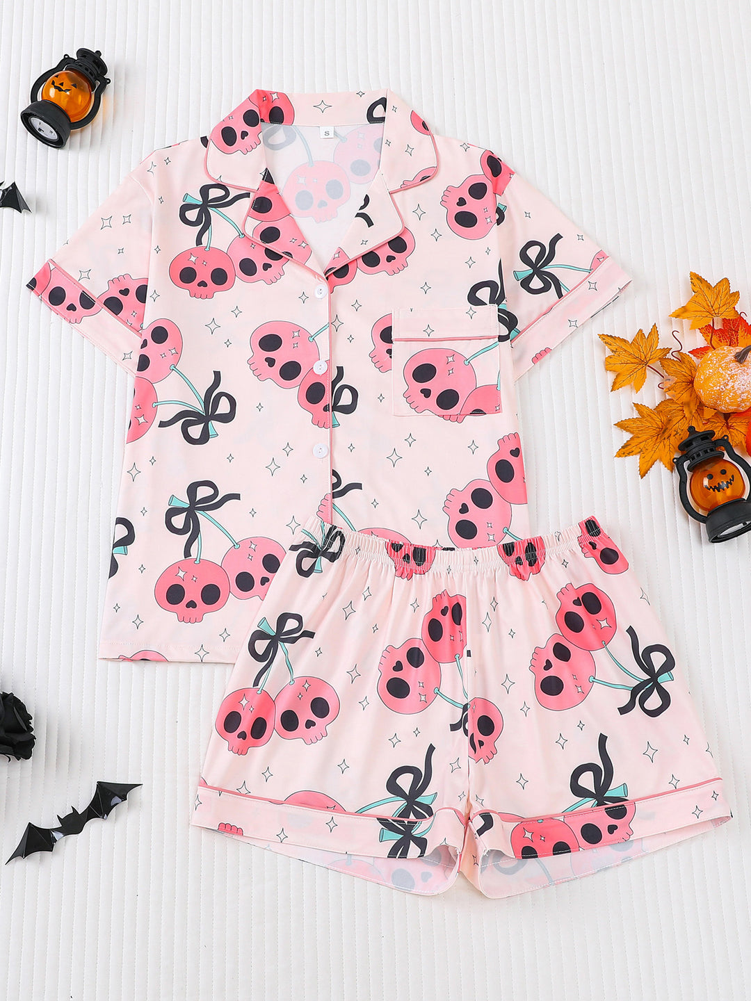 Pink Skull Cherry Print Pajama Set