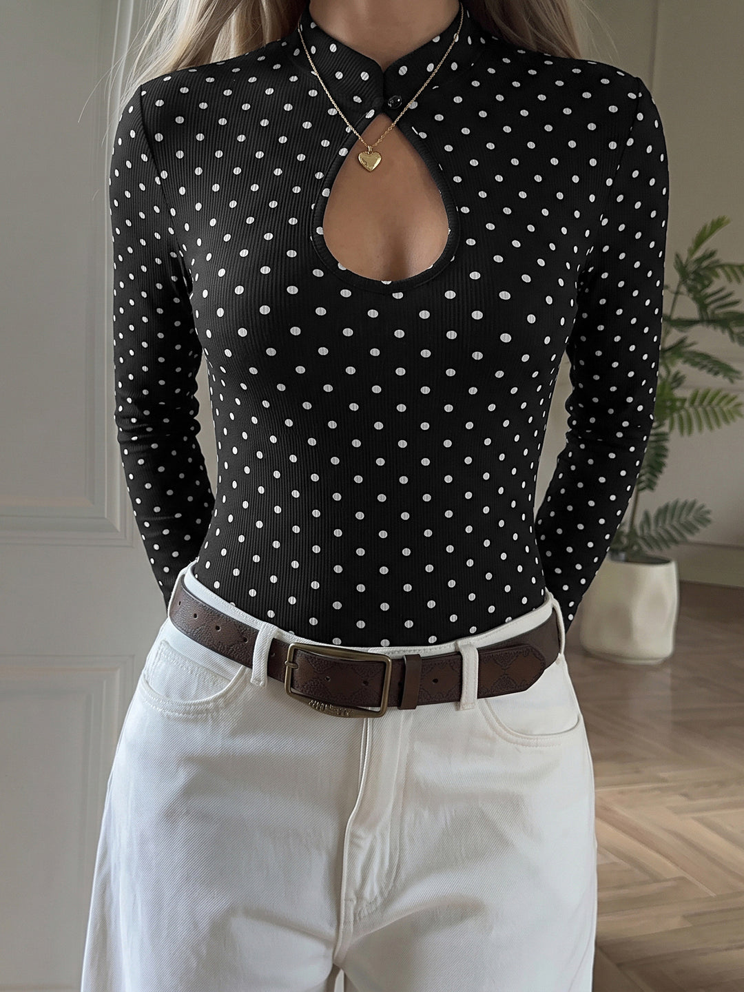Polka Dot Keyhole Long Sleeve Bodysuit