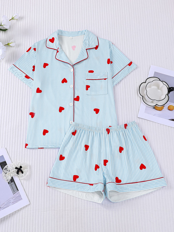 Pinstripe Heart Print Pajama Set