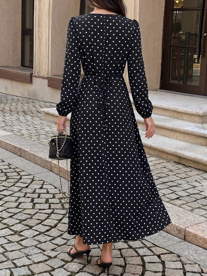 Midnight Romance Lace Trim Polka Dot Maxi Dress