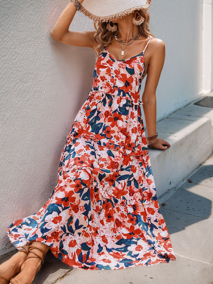 Sunset Floral Ruffle Midi Dress