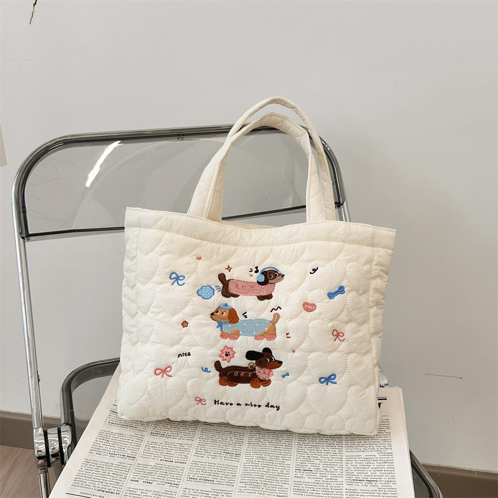 Quilted Cute Animal Embroidered Everyday Tote Bag