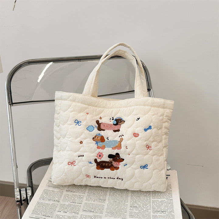 Quilted Cute Animal Embroidered Everyday Tote Bag