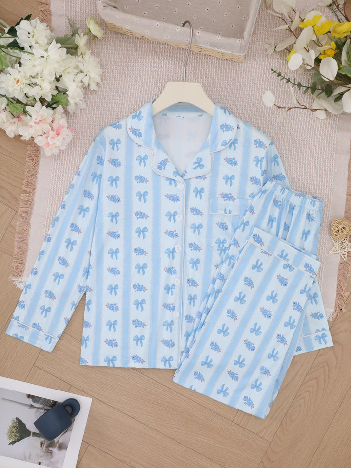 Blue Bow Floral Long Sleeve Pajama Set