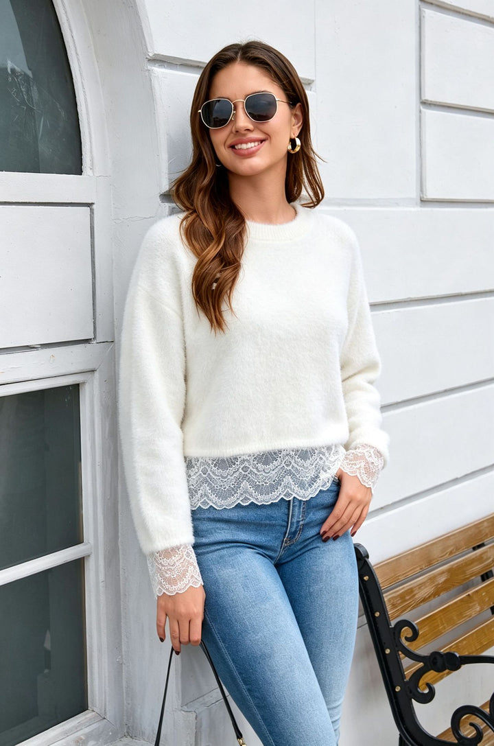Lace Trim Fuzzy Knit Sweater