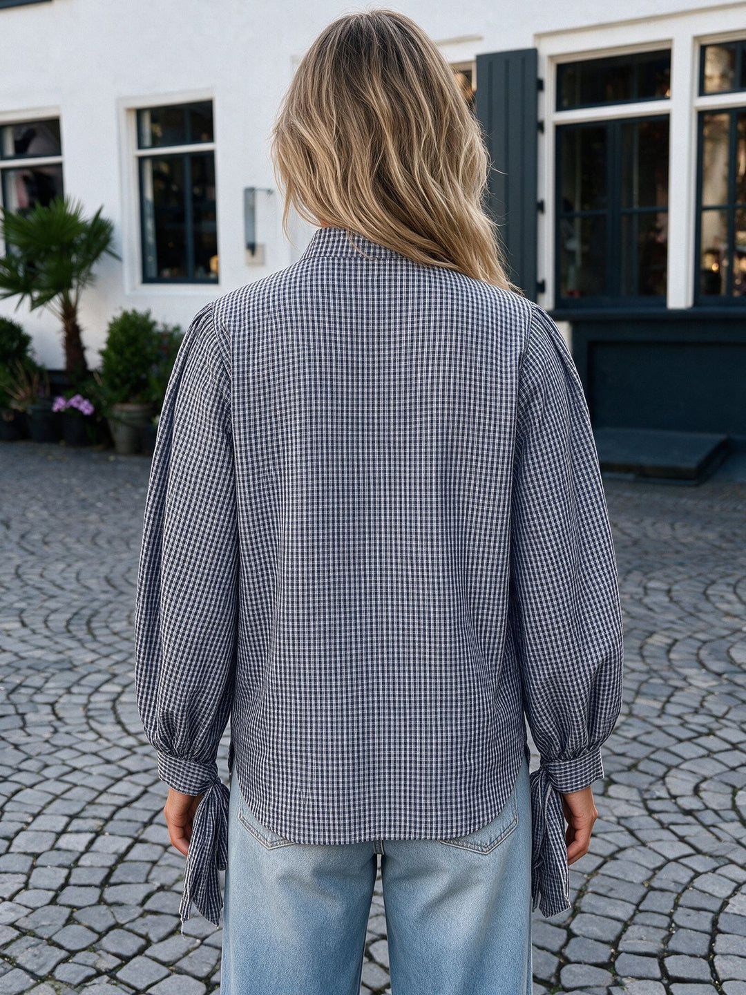 Tie Cuff Plaid Button Down Blouse