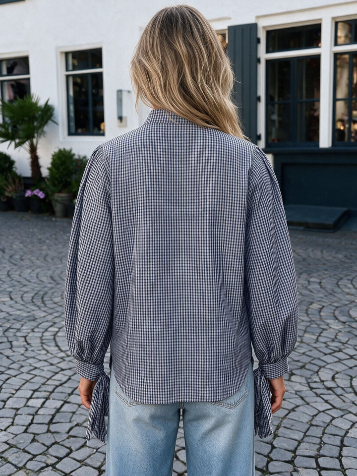 Tie Cuff Plaid Button Down Blouse