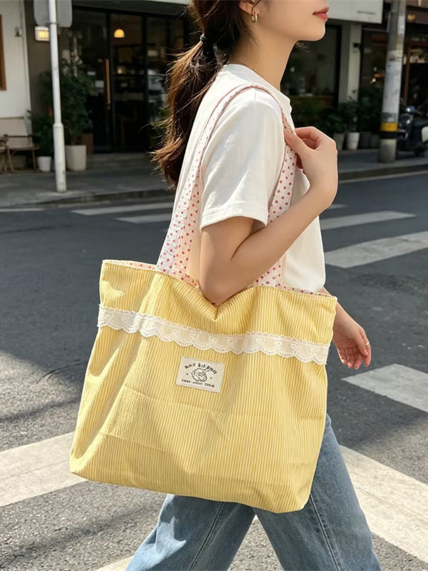 Lace Trim Stripe Everyday Tote Bag