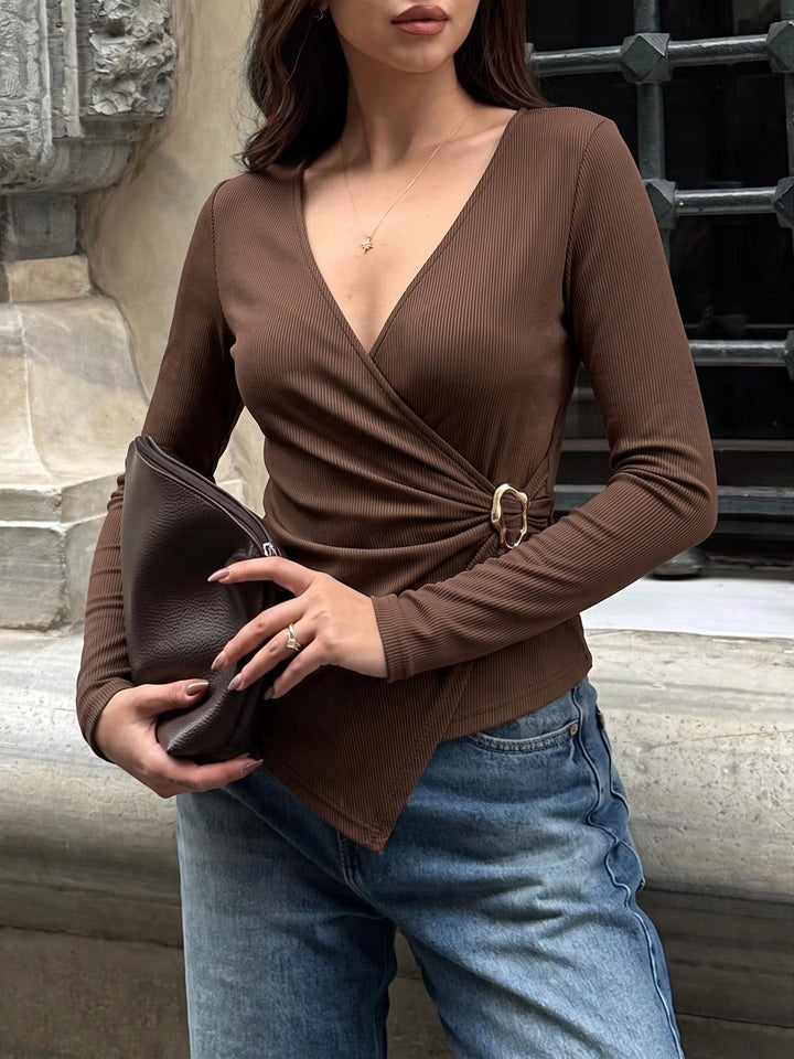 Ribbed Wrap Buckle Long Sleeve Top