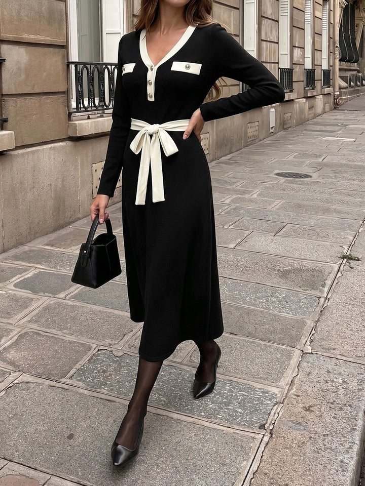 Contrast Trim Tie Waist Knit Midi Dress