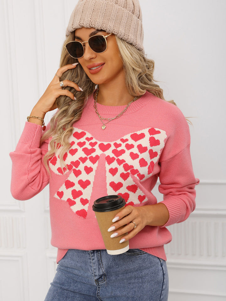 Heart Pattern Filled Bow Sweater