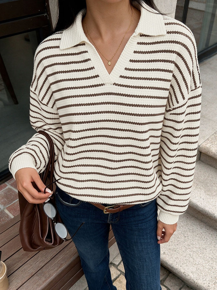 Textured Striped Collared Pullover Sweater