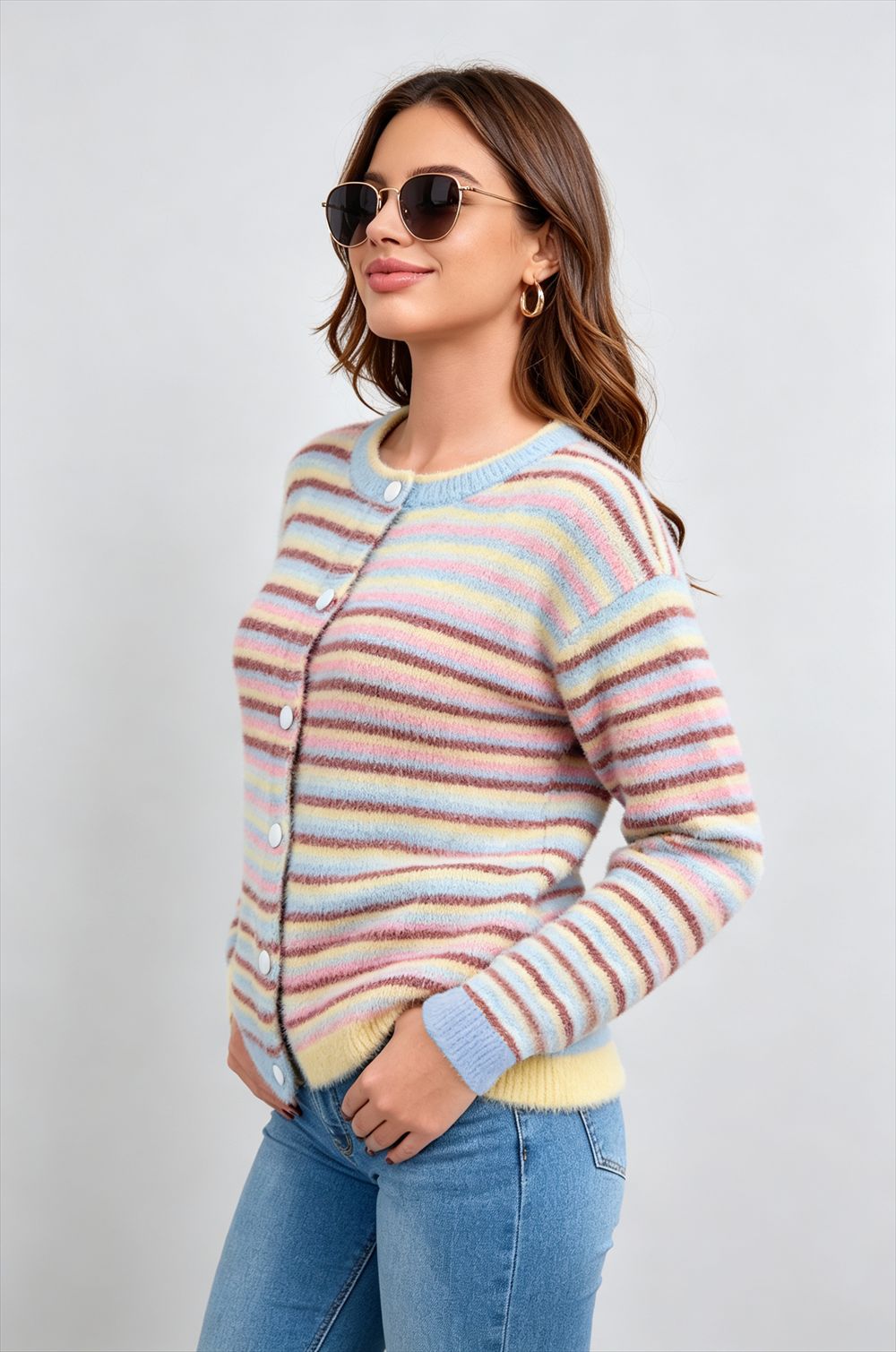 Neutral Stripe Fuzzy Knit Cardigan