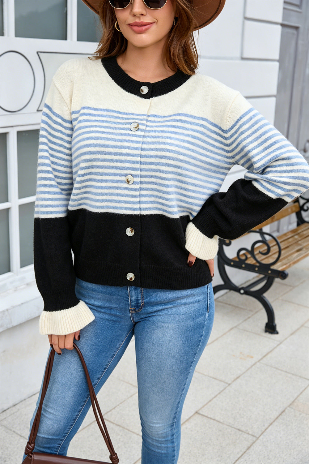Contrast Stripe Button Front Cardigan