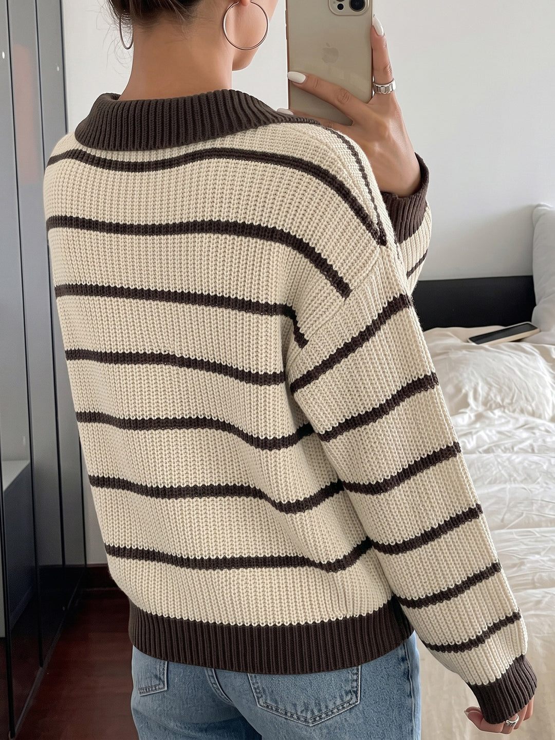 Contrast Stripe Collared Knit Sweater