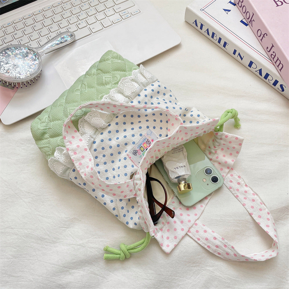 Quilted Polka Dot Drawstring Tote Bag