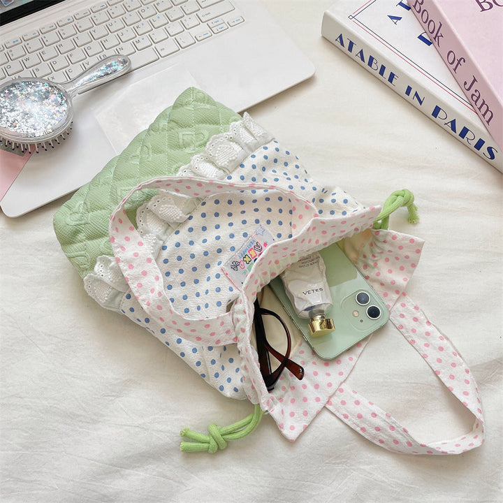 Quilted Polka Dot Drawstring Tote Bag