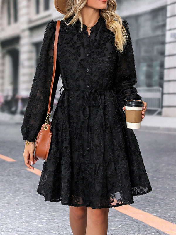 Lace Bubble Sleeve Tiered Dress