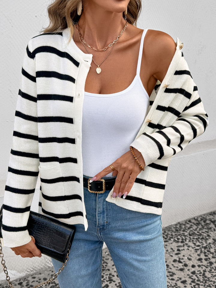 Button Up Stripe Sweater Cardigan