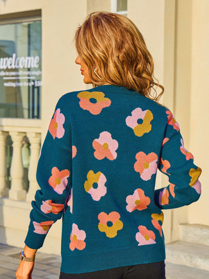 Multicolor Contrast Floral Sweater