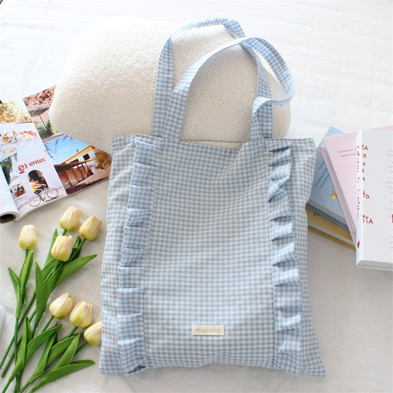 Ruffle Detail Gingham Print Tote Bag