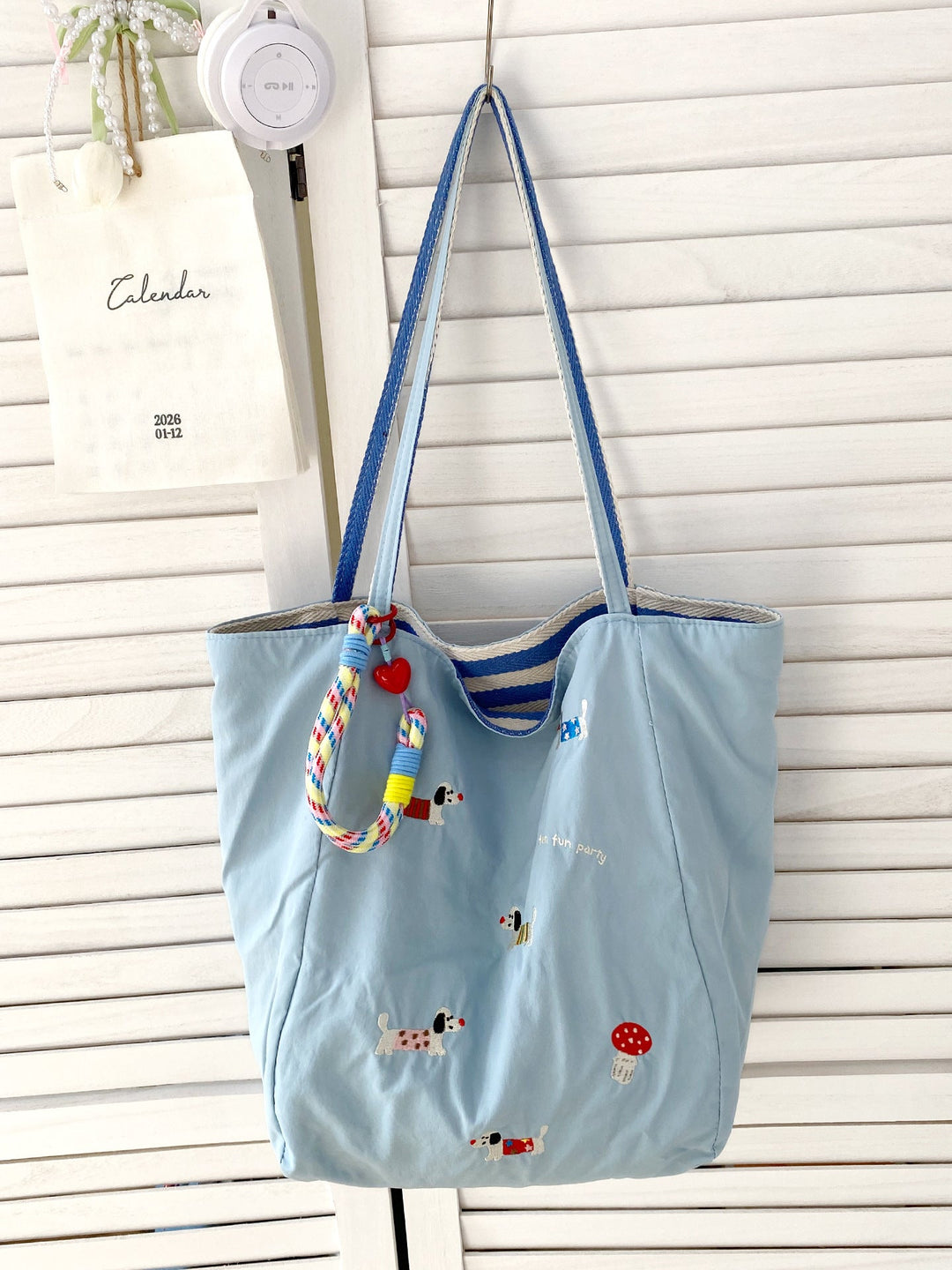 Reversible Playful Pup Striped Tote Bag
