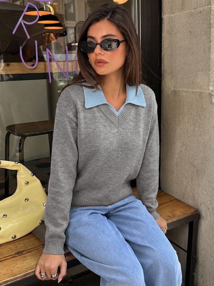 Contrast Collar V-Neck Knit Sweater