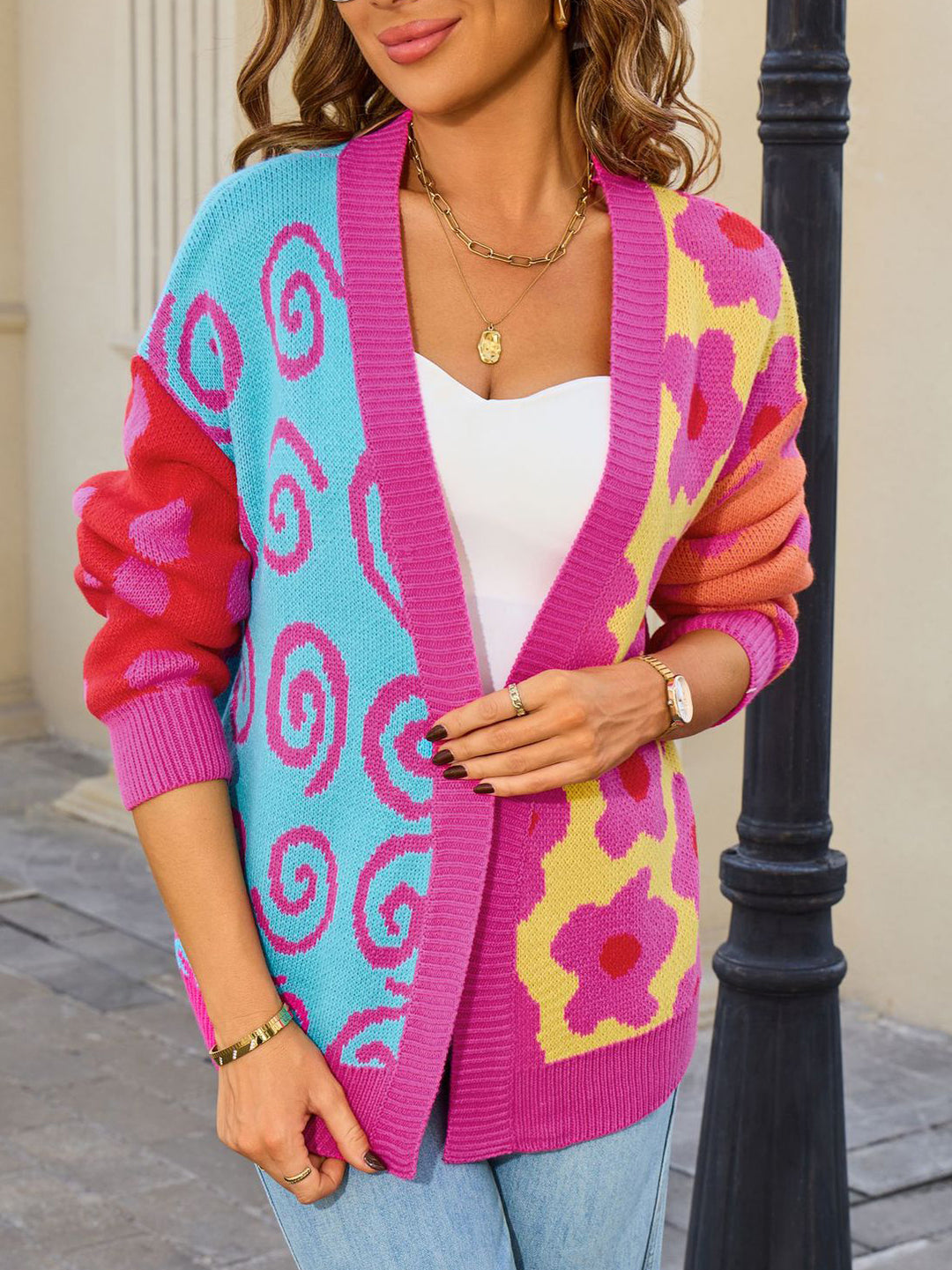 Colorful Mixed Pattern Open Front Cardigan